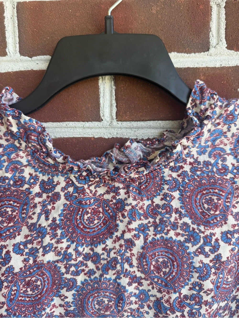 J.Crew 100% Linen Paisley Ruffle High Neck Sleeveless Blouse, Size L